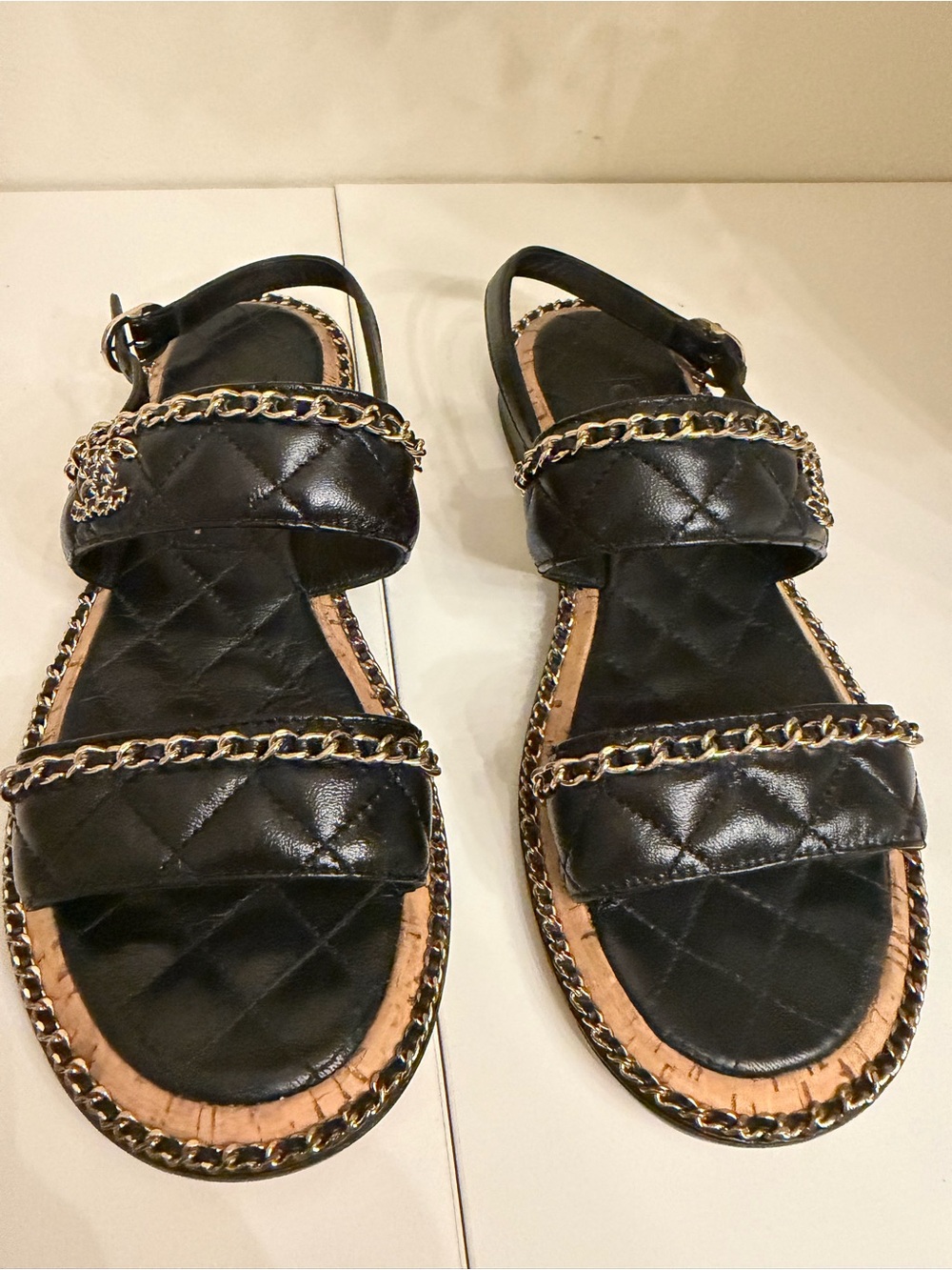 CHANEL Black Quilted Leather Chain-Accent Slingback Sandals